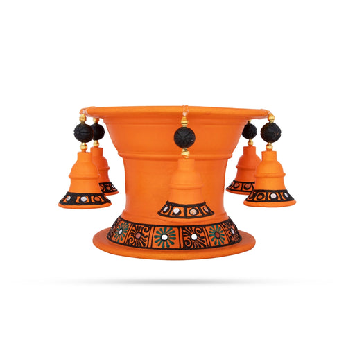 Urli Stand With Bell - 6 x 6.75 Inches | Terracotta Clay Uruli Stand/ Flower Pot Stand for Home Decor - Uruli & Flower Pot