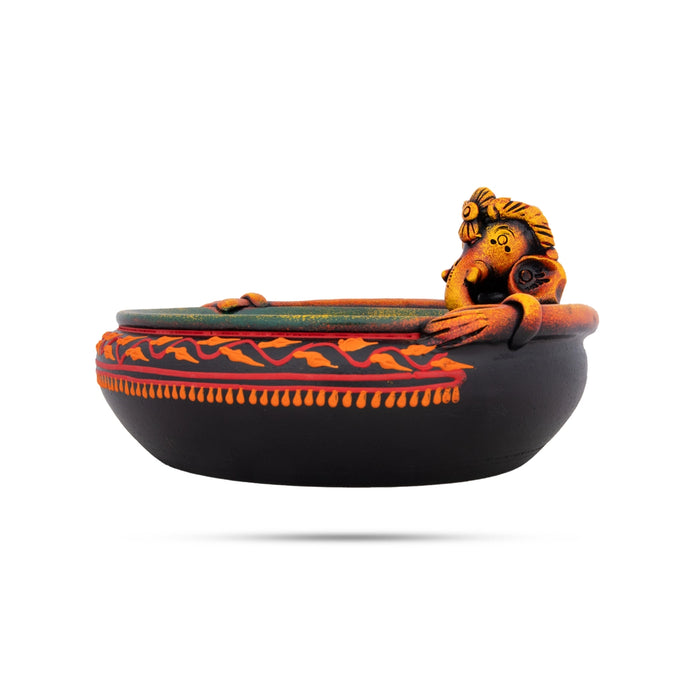 Urli - 4 x 8 Inches | Terracotta Clay Painting Uruli/ Ganesh Design Flower Pot for Home Decor - Uruli & Flower Pot