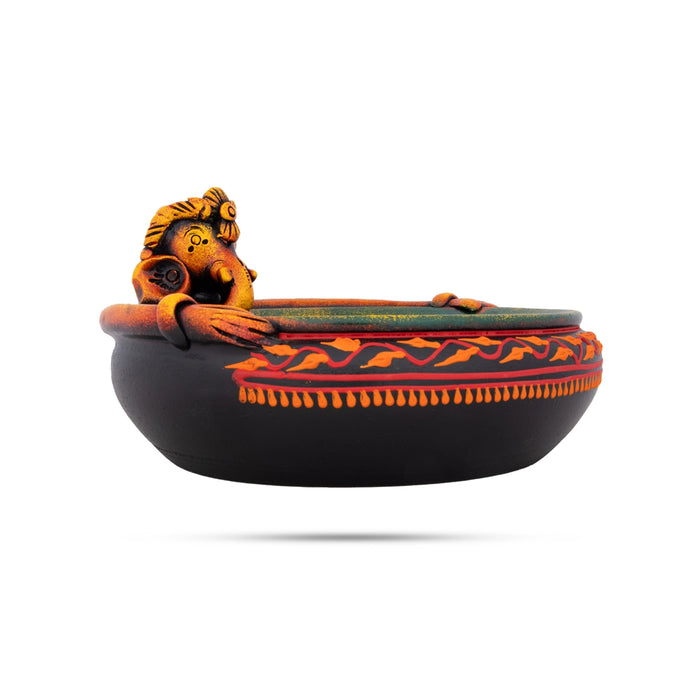 Urli - 4 x 8 Inches | Terracotta Clay Painting Uruli/ Ganesh Design Flower Pot for Home Decor - Uruli & Flower Pot