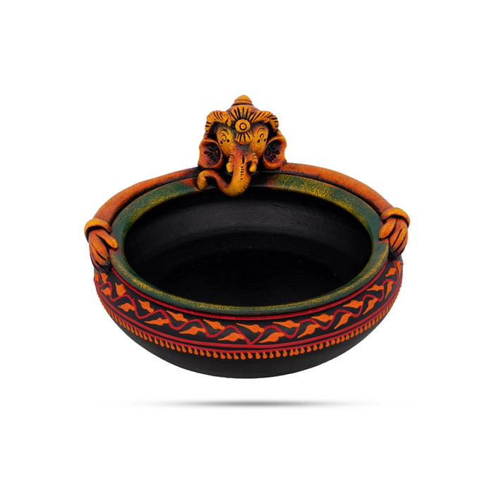 Urli - 4 x 8 Inches | Terracotta Clay Painting Uruli/ Ganesh Design Flower Pot for Home Decor - Uruli & Flower Pot