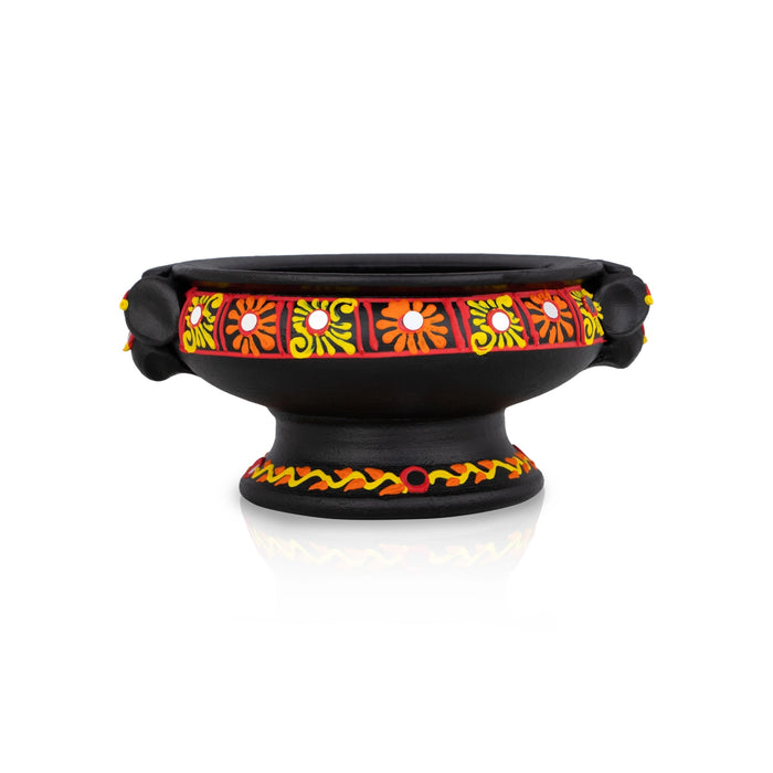 Decorative Flower Pot With Base - 3 X 5 Inches | Terracotta Clay Uruli/ Urli For Traditional Decor - Uruli & Flower Pot