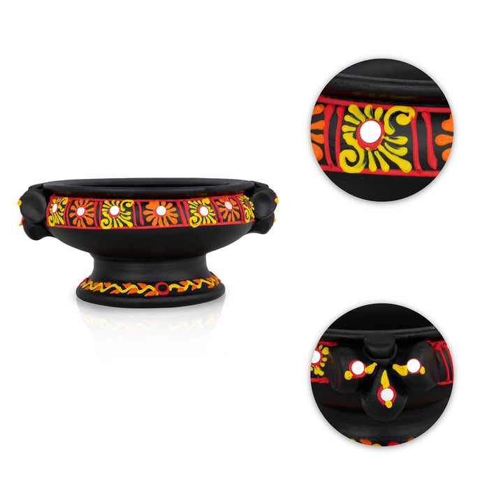 Decorative Flower Pot With Base - 3 X 5 Inches | Terracotta Clay Uruli/ Urli For Traditional Decor - Uruli & Flower Pot