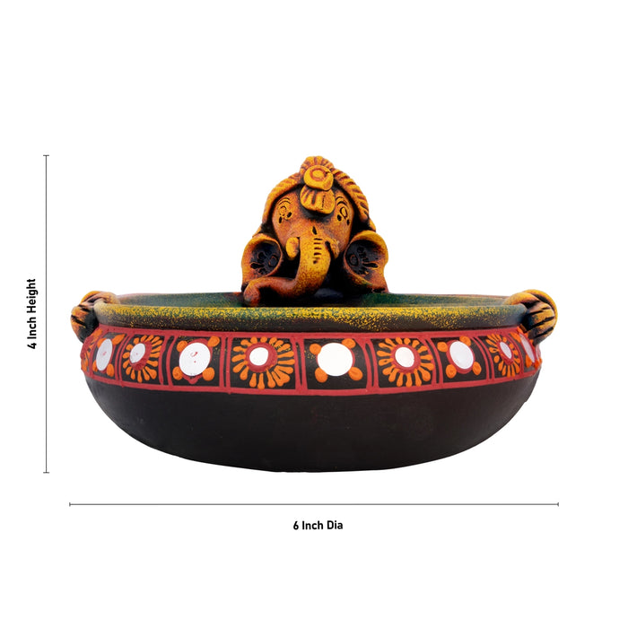 Urli - 4 x 6 Inches | Terracotta Clay Painting Uruli/ Ganesh Design Flower Pot for Home Decor - Uruli & Flower Pot