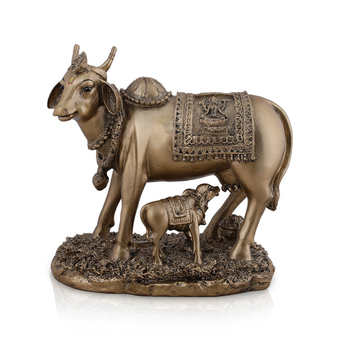 Kamadhenu Cow With Calf Idol - 7.5 x 8 Inches | Brass Finish Resin Idol / Cow And Calf Statue for Home