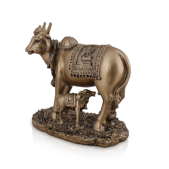 Kamadhenu Cow With Calf Idol - 7.5 x 8 Inches | Brass Finish Resin Idol / Cow And Calf Statue for Home