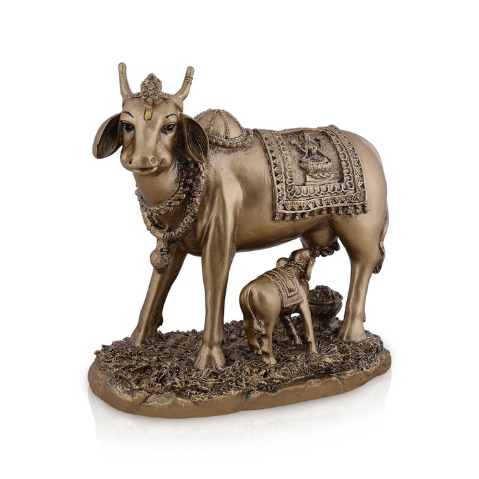 Kamadhenu Cow With Calf Idol - 7.5 x 8 Inches | Brass Finish Resin Idol / Cow And Calf Statue for Home