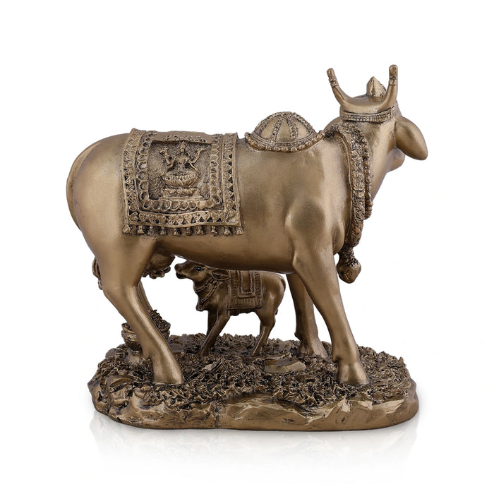 Kamadhenu Cow With Calf Idol - 7.5 x 8 Inches | Brass Finish Resin Idol / Cow And Calf Statue for Home