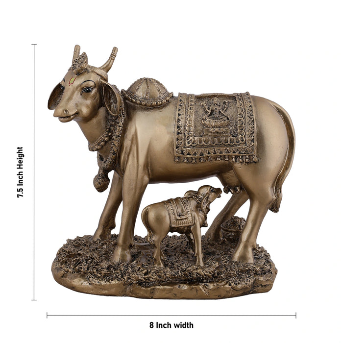 Kamadhenu Cow With Calf Idol - 7.5 x 8 Inches | Brass Finish Resin Idol / Cow And Calf Statue for Home