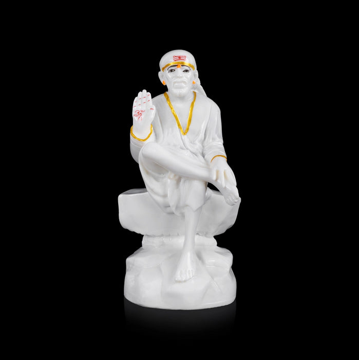 Saibaba Statue Sitting On Base - 7.5 x 3 Inches | White Idol/ Sai Baba Vigraham/ Saibaba Idol for Pooja