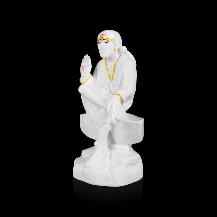Saibaba Statue Sitting On Base - 7.5 x 3 Inches | White Idol/ Sai Baba Vigraham/ Saibaba Idol for Pooja