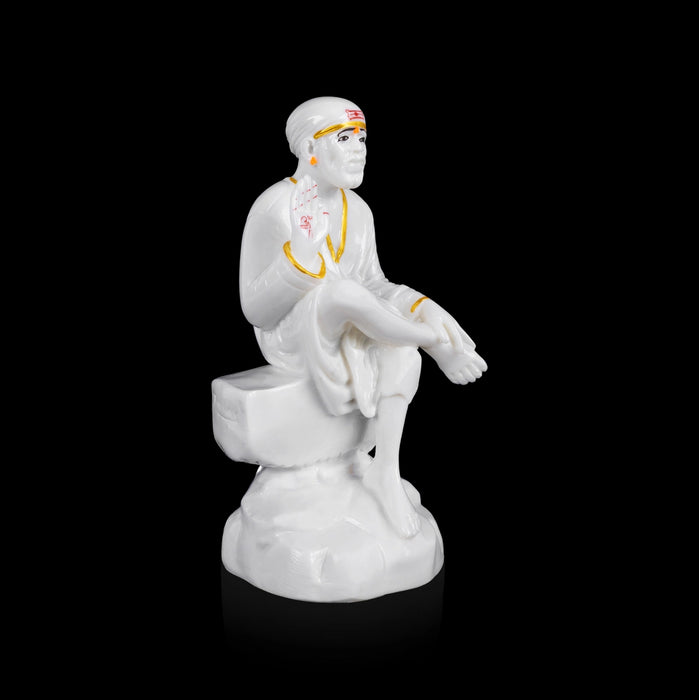 Saibaba Statue Sitting On Base - 7.5 x 3 Inches | White Idol/ Sai Baba Vigraham/ Saibaba Idol for Pooja