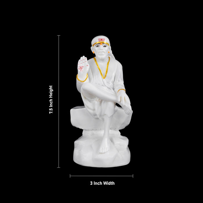 Saibaba Statue Sitting On Base - 7.5 x 3 Inches | White Idol/ Sai Baba Vigraham/ Saibaba Idol for Pooja