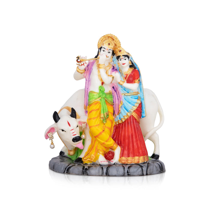 Radha Krishna Murti With Cow - 8 x 7 Inches | Marble Murti/ Coloured Radha Krishna Idol for Pooja - Fibre Murties