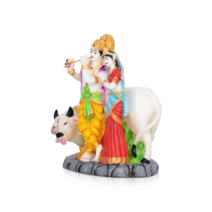 Radha Krishna Murti With Cow - 8 x 7 Inches | Marble Murti/ Coloured Radha Krishna Idol for Pooja - Fibre Murties
