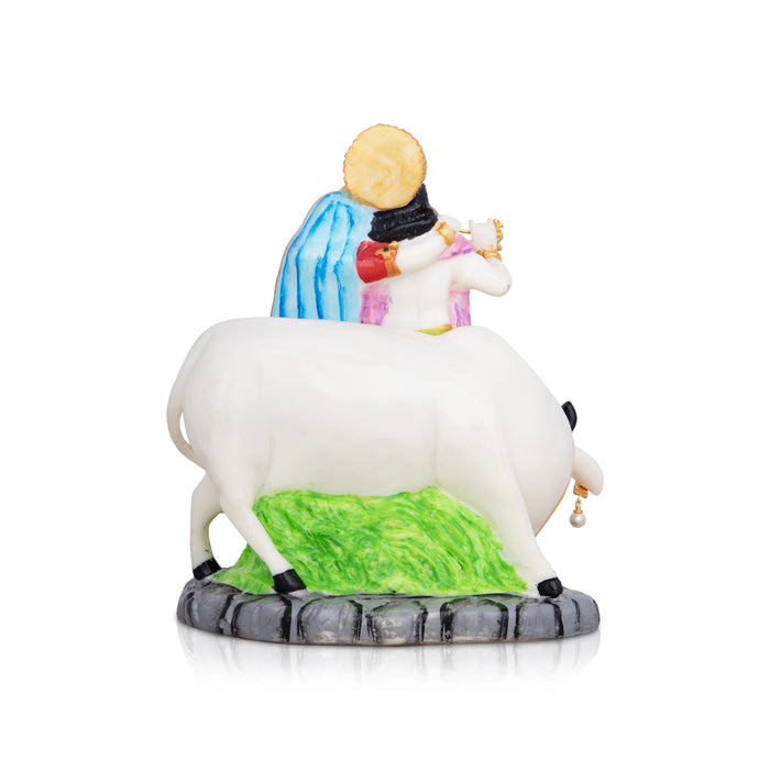Radha Krishna Murti With Cow - 8 x 7 Inches | Marble Murti/ Coloured Radha Krishna Idol for Pooja - Fibre Murties