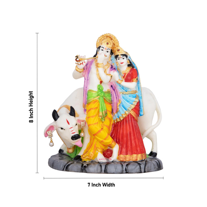 Radha Krishna Murti With Cow - 8 x 7 Inches | Marble Murti/ Coloured Radha Krishna Idol for Pooja - Fibre Murties