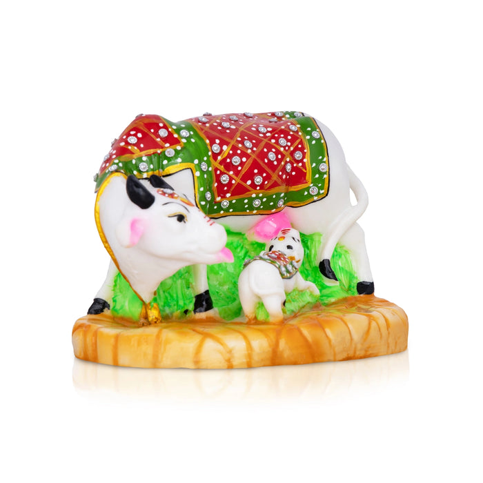 Cow With Calf Idol With Base - 5 x 7 Inches | Marble Kamdhenu Cow And Calf Idol/ Cow Calf Idol for Home - Table Stand Accessories