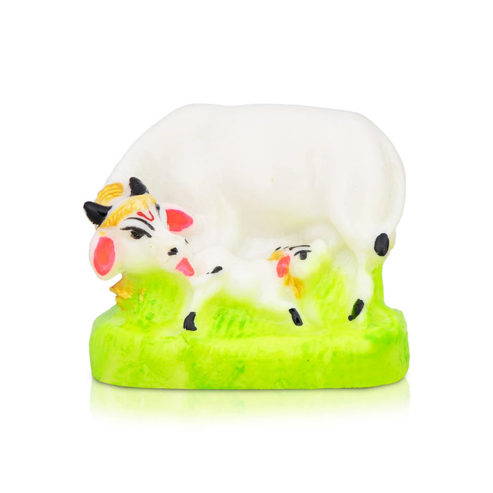 Cow With Calf Idol With Base - 2 x 2.5 Inches | Marble Kamdhenu Cow And Calf Idol/ Cow Calf Idol for Home - Table Stand Accessories
