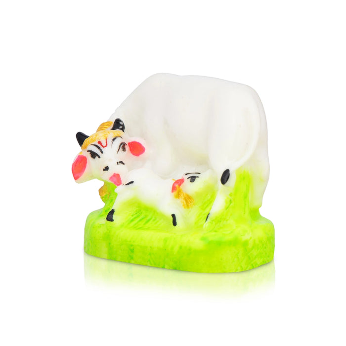 Cow With Calf Idol With Base - 2 x 2.5 Inches | Marble Kamdhenu Cow And Calf Idol/ Cow Calf Idol for Home - Table Stand Accessories