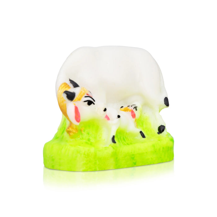 Cow With Calf Idol With Base - 2 x 2.5 Inches | Marble Kamdhenu Cow And Calf Idol/ Cow Calf Idol for Home - Table Stand Accessories