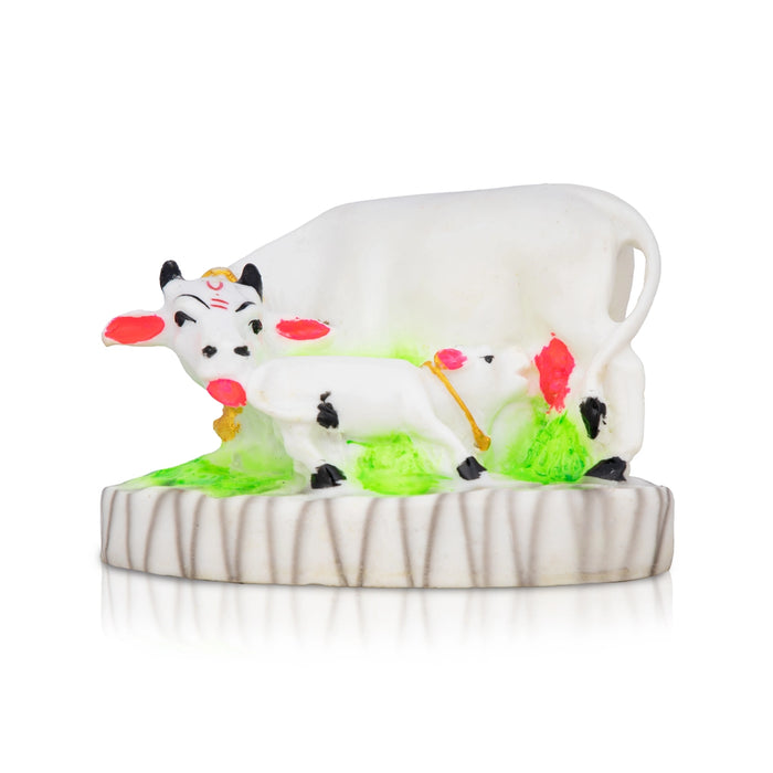 Cow With Calf Idol With Base - 4 x 5 Inches | Marble Kamdhenu Cow And Calf Idol/ Cow Calf Idol for Home - Table Stand Accessories