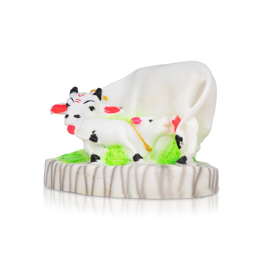 Cow With Calf Idol With Base - 4 x 5 Inches | Marble Kamdhenu Cow And Calf Idol/ Cow Calf Idol for Home - Table Stand Accessories
