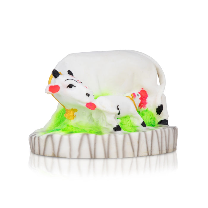 Cow With Calf Idol With Base - 4 x 5 Inches | Marble Kamdhenu Cow And Calf Idol/ Cow Calf Idol for Home - Table Stand Accessories
