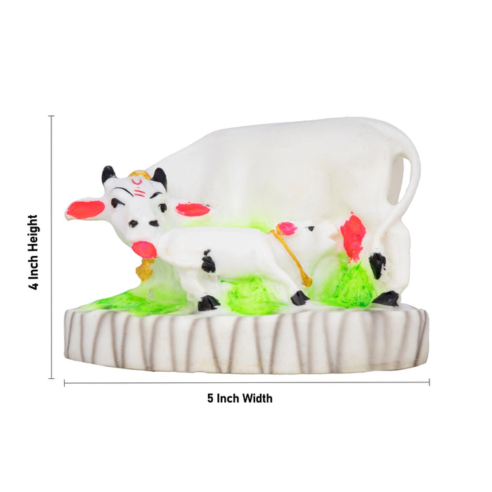 Cow With Calf Idol With Base - 4 x 5 Inches | Marble Kamdhenu Cow And Calf Idol/ Cow Calf Idol for Home - Table Stand Accessories