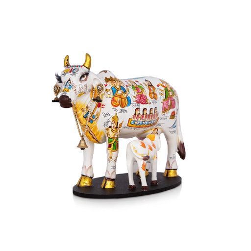 Kamadhenu Cow With Calf Idol - 8 x 10 Inches | Cow And Calf Statue/ Marble Murti With Base for Home - Table Stand Accessories