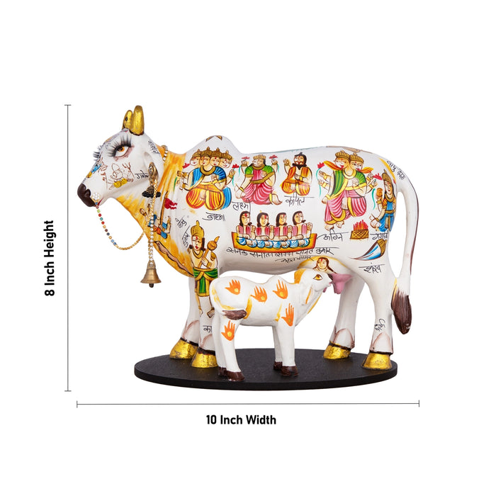Kamadhenu Cow With Calf Idol - 8 x 10 Inches | Cow And Calf Statue/ Marble Murti With Base for Home - Table Stand Accessories