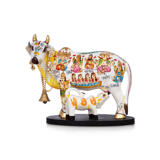 Kamadhenu Cow With Calf Idol - 5 x 6 Inches | Cow And Calf Statue/ Marble Murti With Base for Home - Table Stand Accessories