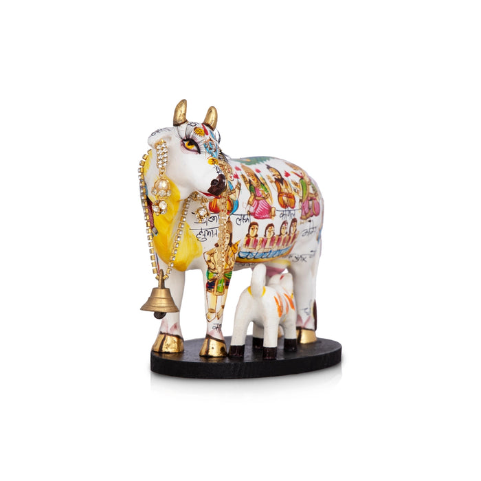 Kamadhenu Cow With Calf Idol - 5 x 6 Inches | Cow And Calf Statue/ Marble Murti With Base for Home - Table Stand Accessories