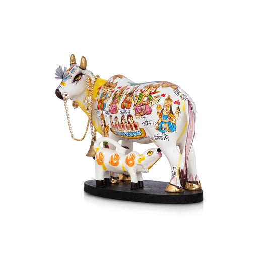 Kamadhenu Cow With Calf Idol - 5 x 6 Inches | Cow And Calf Statue/ Marble Murti With Base for Home - Table Stand Accessories