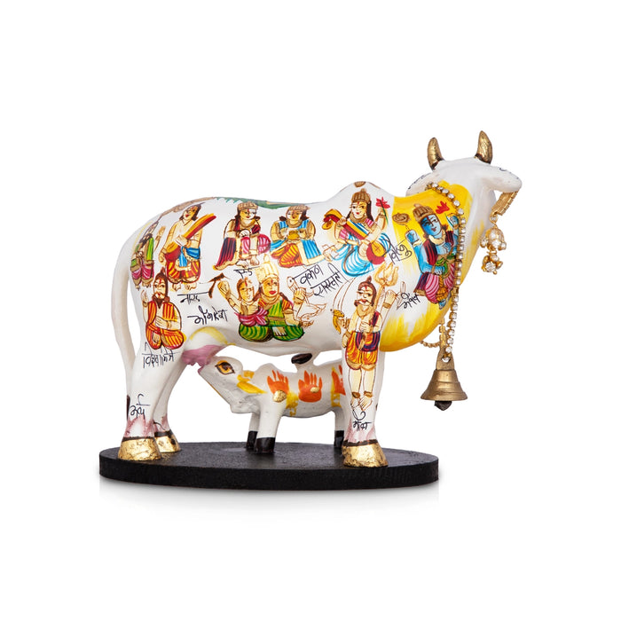 Kamadhenu Cow With Calf Idol - 5 x 6 Inches | Cow And Calf Statue/ Marble Murti With Base for Home - Table Stand Accessories