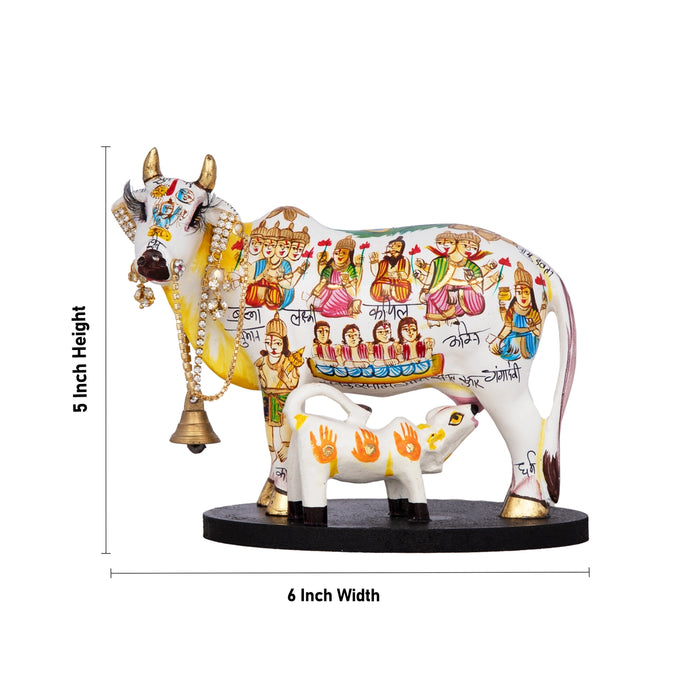 Kamadhenu Cow With Calf Idol - 5 x 6 Inches | Cow And Calf Statue/ Marble Murti With Base for Home - Table Stand Accessories