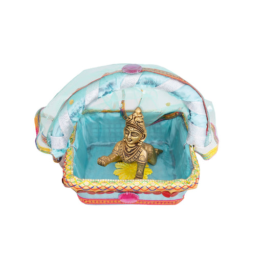 Laddu Gopal Basket with Handle - 6 x 6 Inches | Kanha Ji Ki Tokri with Cover/ Carry Basket for Laddu Gopal - Deity Accessories