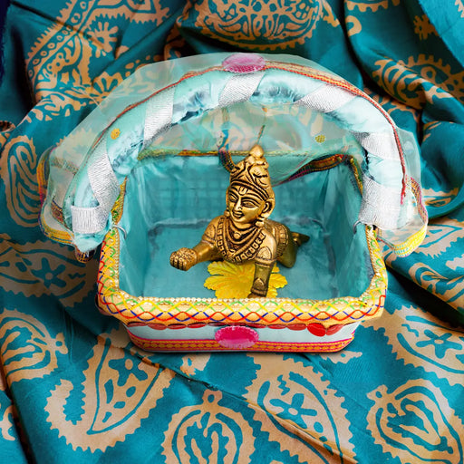 Laddu Gopal Basket with Handle - 6 x 6 Inches | Kanha Ji Ki Tokri with Cover/ Carry Basket for Laddu Gopal - Deity Accessories