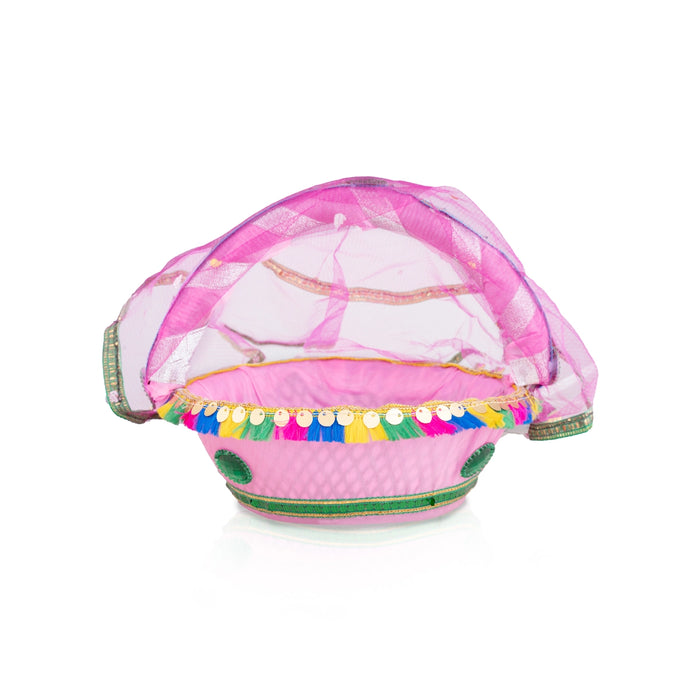 Laddu Gopal Basket with Handle - 7.5 x 8 Inches | Kanha Ji Ki Tokri with Cover/ Carry Basket for Laddu Gopal - Deity Accessories