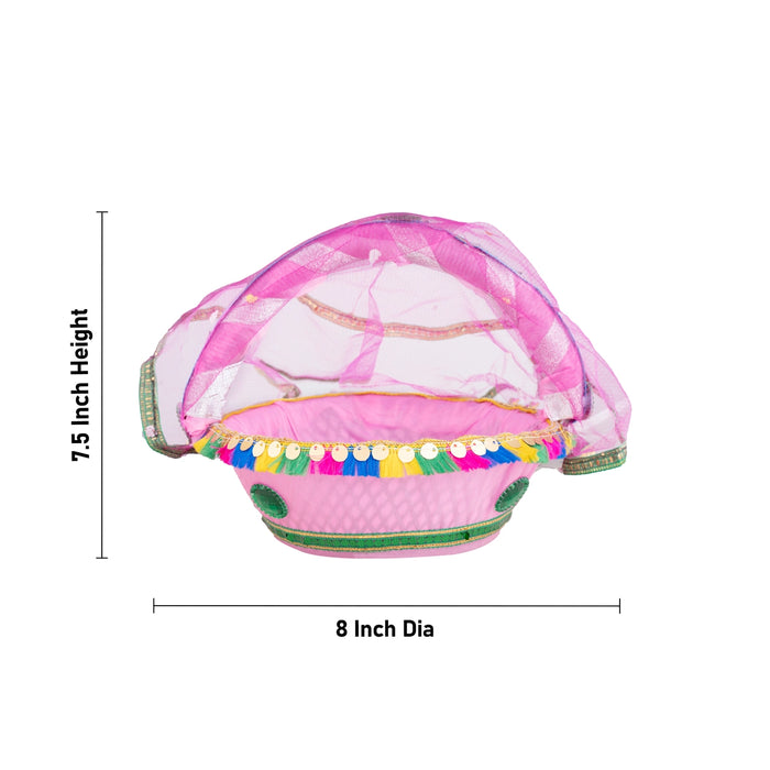 Laddu Gopal Basket with Handle - 7.5 x 8 Inches | Kanha Ji Ki Tokri with Cover/ Carry Basket for Laddu Gopal - Deity Accessories