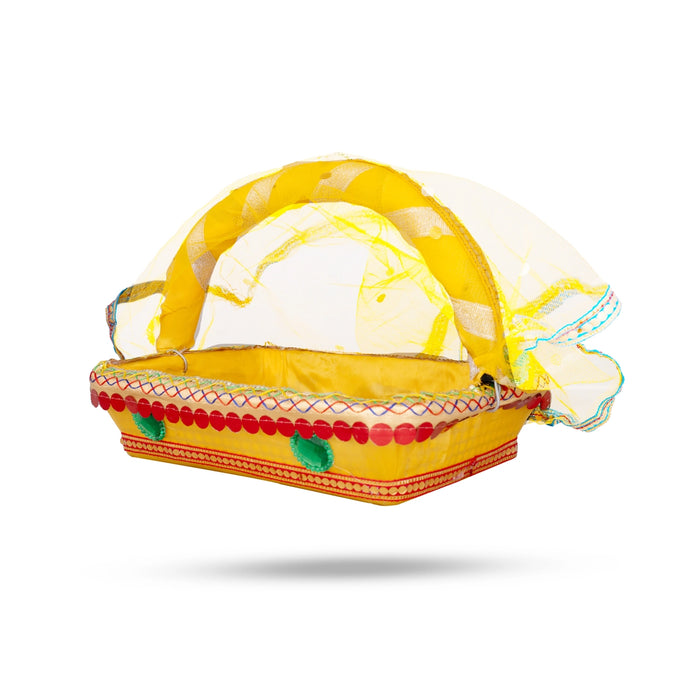 Laddu Gopal Basket with Handle - 7.5 x 9 Inches | Kanha Ji Ki Tokri with Cover/ Carry Basket for Laddu Gopal - Deity Accessories