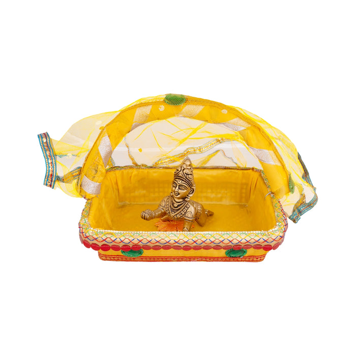 Laddu Gopal Basket with Handle - 7.5 x 9 Inches | Kanha Ji Ki Tokri with Cover/ Carry Basket for Laddu Gopal - Deity Accessories