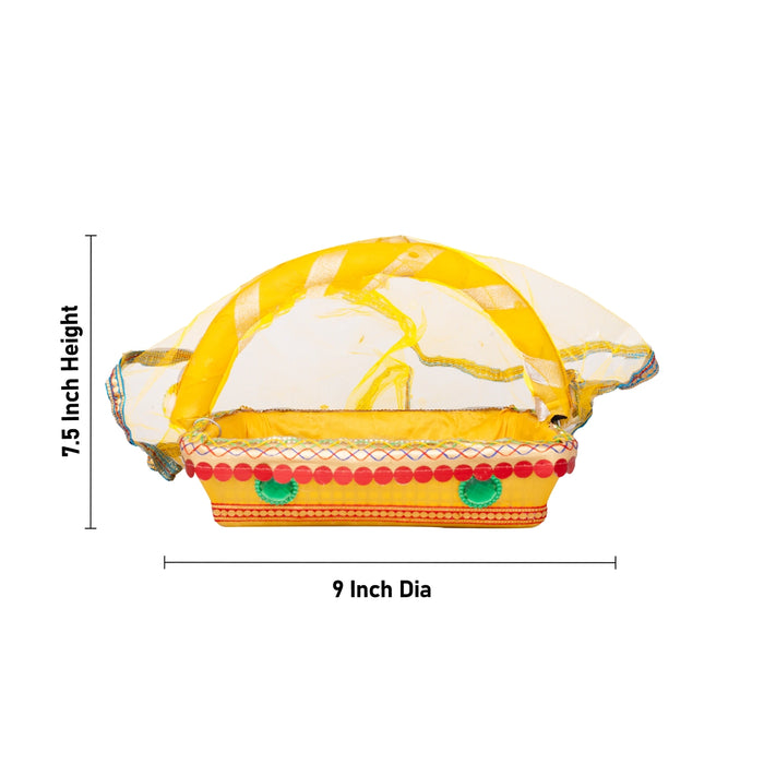Laddu Gopal Basket with Handle - 7.5 x 9 Inches | Kanha Ji Ki Tokri with Cover/ Carry Basket for Laddu Gopal - Deity Accessories