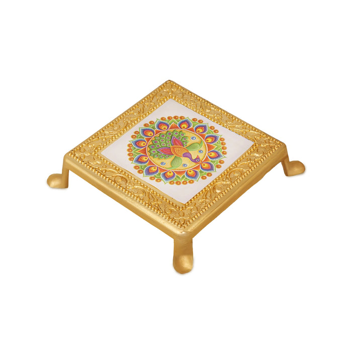 Peacock Design Pooja Chowki - 1 X 3.5 X 4 Inches | Plastic Bajot/ Gold Polish Patla/ Manai Palagai For Home - Pooja Aasan & Bajot & Pooja Mat