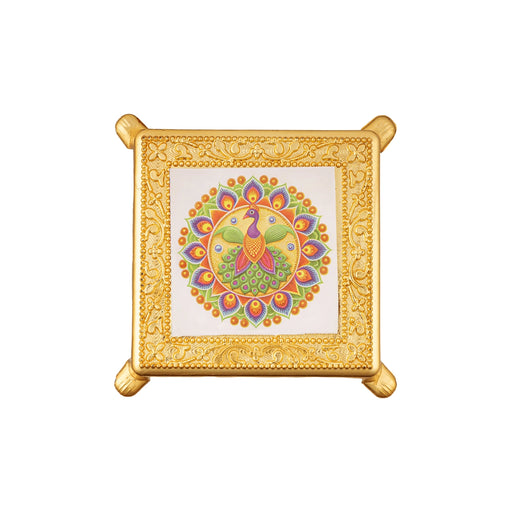 Peacock Design Pooja Chowki - 1 X 3.5 X 4 Inches | Plastic Bajot/ Gold Polish Patla/ Manai Palagai For Home - Pooja Aasan & Bajot & Pooja Mat