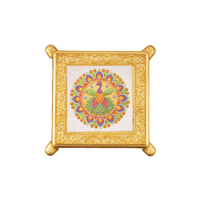 Peacock Design Pooja Chowki - 1 X 3.5 X 4 Inches | Plastic Bajot/ Gold Polish Patla/ Manai Palagai For Home - Pooja Aasan & Bajot & Pooja Mat
