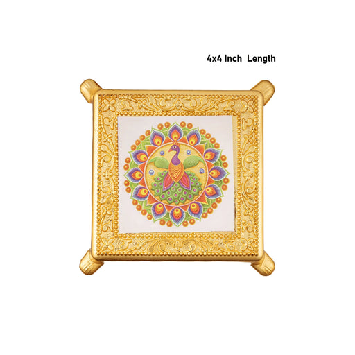 Peacock Design Pooja Chowki - 1 X 3.5 X 4 Inches | Plastic Bajot/ Gold Polish Patla/ Manai Palagai For Home - Pooja Aasan & Bajot & Pooja Mat
