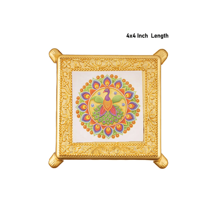 Peacock Design Pooja Chowki - 1 X 3.5 X 4 Inches | Plastic Bajot/ Gold Polish Patla/ Manai Palagai For Home - Pooja Aasan & Bajot & Pooja Mat