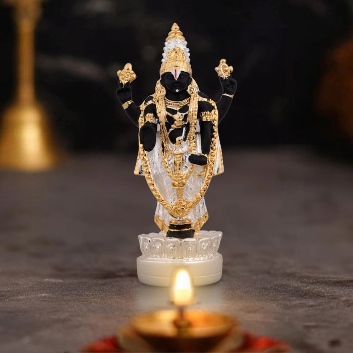 Vishnu Murti Standing On Lotus - 5 x 2.25 Inches | Resin Statue/ Silver Polish Venkateswara Swamy Idol for Pooja