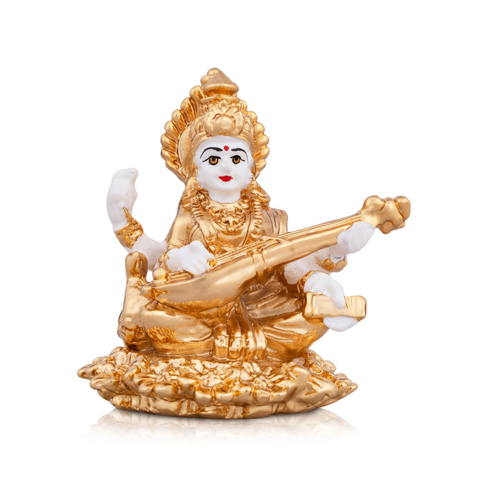 Saraswati Murti - 3 x 2.5 Inches | Metal Gold Polish Saraswathy Idol/ Sitting Saraswati Moorti for Pooja