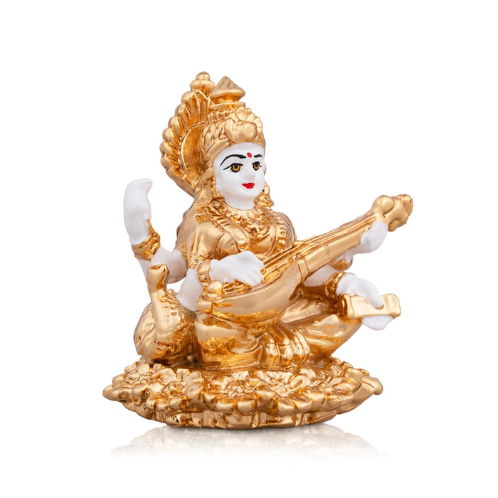 Saraswati Murti - 3 x 2.5 Inches | Metal Gold Polish Saraswathy Idol/ Sitting Saraswati Moorti for Pooja